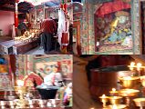 14 Inside Chuku Nyenri Gompa White Amitabha, White Conch Shell, Copper Cauldron On Mount Kailash Outer Kora But the statue most enshrined in pilgrims� awe is barely discernible. Less than quarter lifesize, and so swagged in jewelry that no arm or even neck emerges, the white marble image of the Amitabha Buddha is the oldest and most precious of Kailas. Under its mandarin crown the pale face gazes, emptied of expression. Its eyes seem closed, its smile barely starting. It is said to be �self-manifest�, shaped by its own will from the stone, and to have flown here from its birthplace in the milky waters of an Indian lake. Encased beside it is the white conch shell blown by the saint Naropa a thousand years ago, and near the altar a huge cauldron of chased copper, floating with lights, is the pot where he brewed his tea. These three relics are treasured as the body, mind and speech of the Buddha. � To A Mountain In Tibet � Colin Thubron.